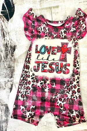 DLH2328 LOVE LIKE JESUS Pink leopard printed baby onesie